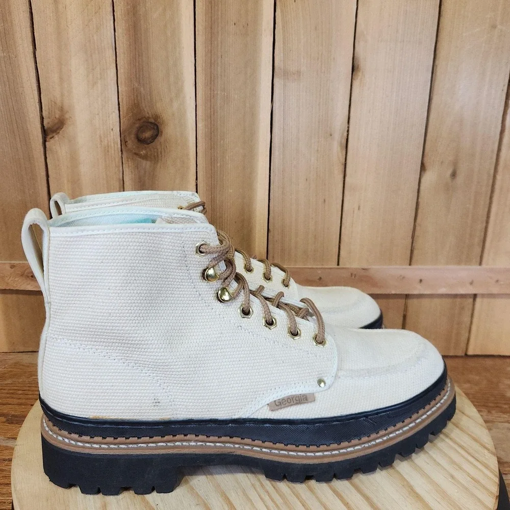 Vintage Georgia Work Combat Boots Mens 11 Beige Canvas Steel Toe Oil Resistant